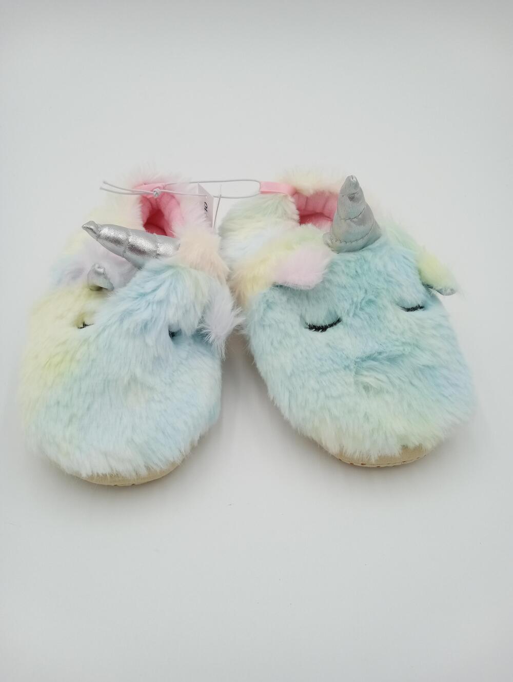 Old Navy Slippers Girls Size 9.5 Unicorn Rainbow Pastel Faux Fur House Shoes